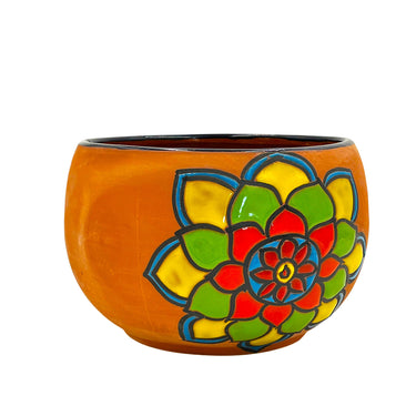 Mexican Talavera Bule Planter Hand Painted - Terracotta Dark Blue Trim